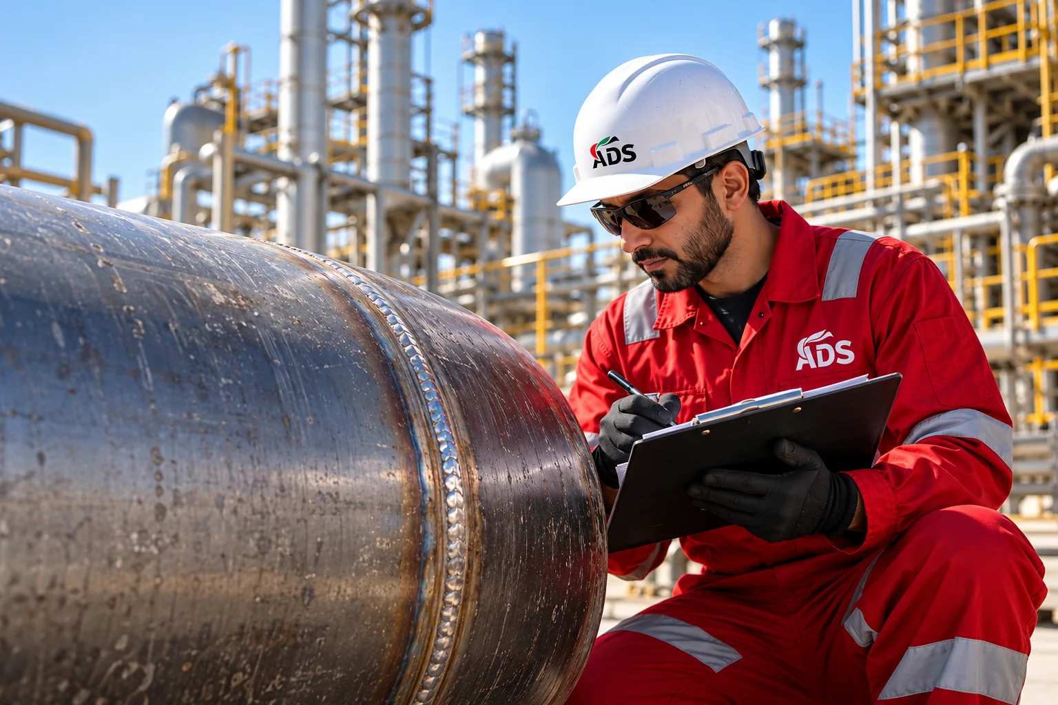 QA/QC inspector examining a pipe weld