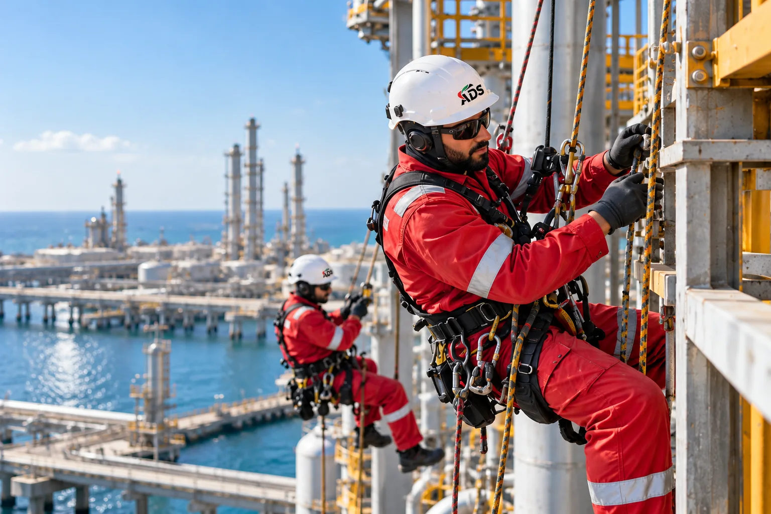 Rope access technicians on an industrial structure