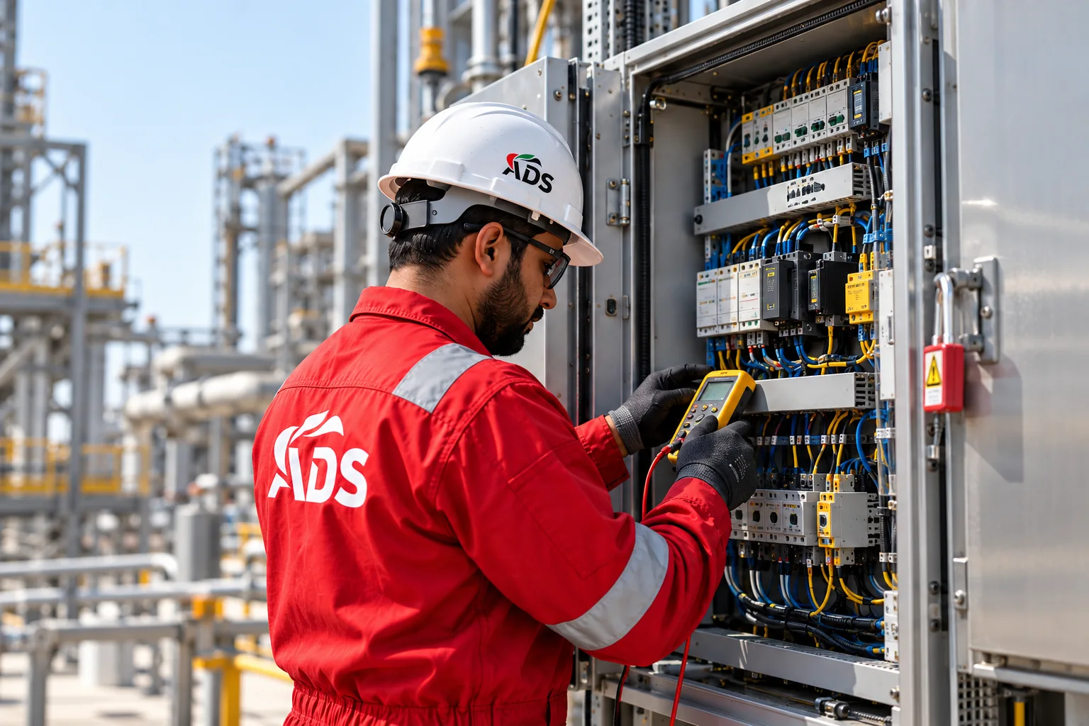 Electrical technician inspecting a control panel